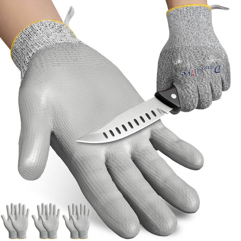 Dowellife 3 Pairs Level 5 Cut Resistant Work Gloves for Men and Women, PU Coated Breathable Gardening Gloves, Thin Flexible and Firm Grip for Mechanics and Fishing (Medium, Grey) - Image 1